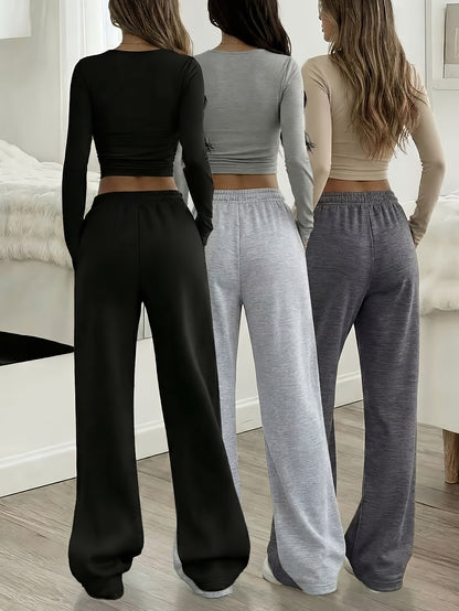 3pcs Spring And Summer Trendy Versatile Long Pants [Soft Joggers] Sizes Run Large, It Is Recommended to Choose One Size Smaller. Women's Soft Joggers - Loose Fit, Elastic Waistband with Drawstring, Double Side Pockets - Machine Washable