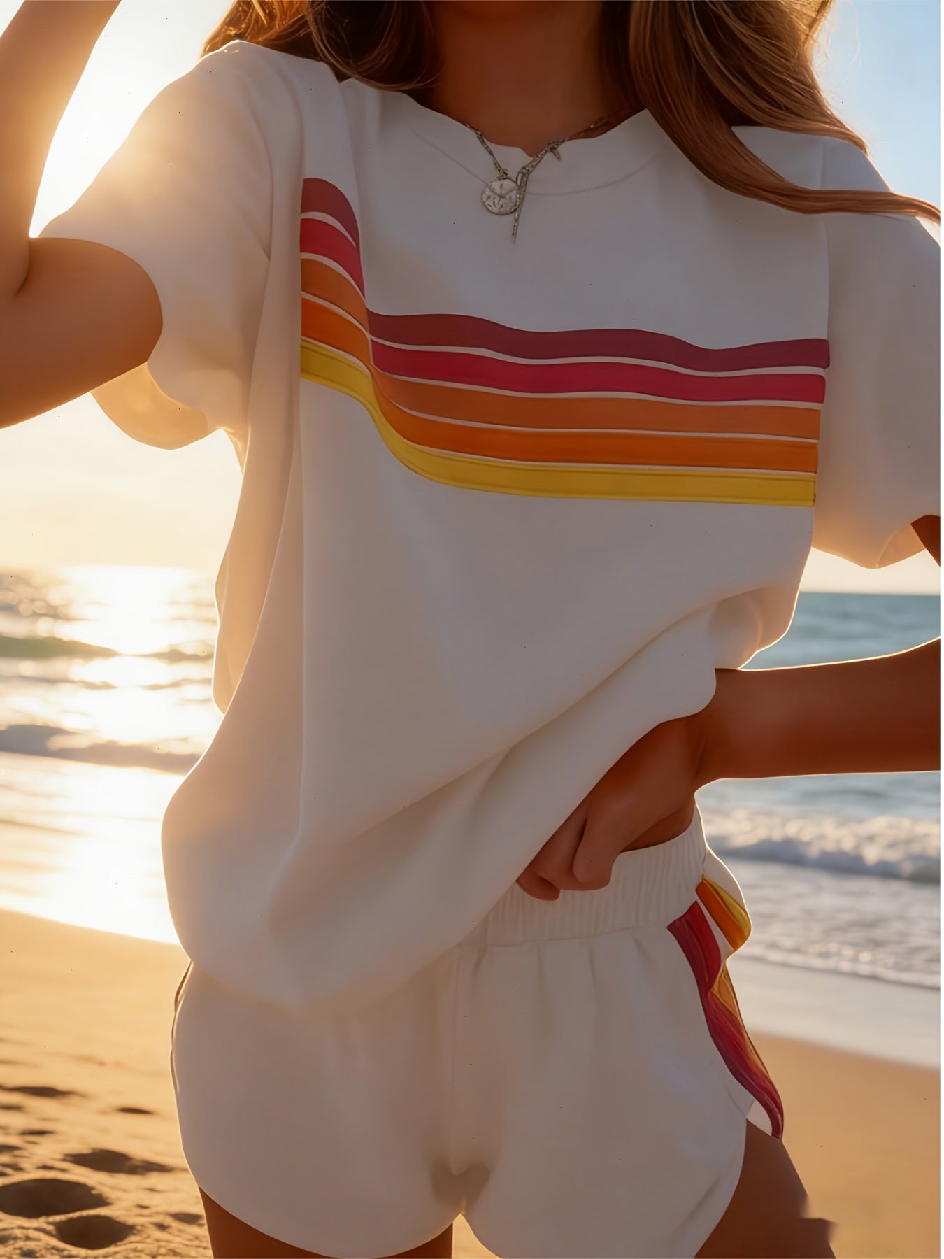 2pcs Set Elevate Your Style with Our Chic Color-Block Shorts Set in White, Blue, Pink, Or Light Brown