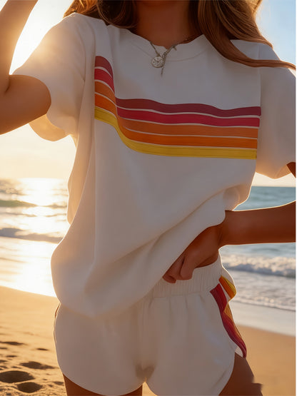 2pcs Set Elevate Your Style with Our Chic Color-Block Shorts Set in White, Blue, Pink, Or Light Brown