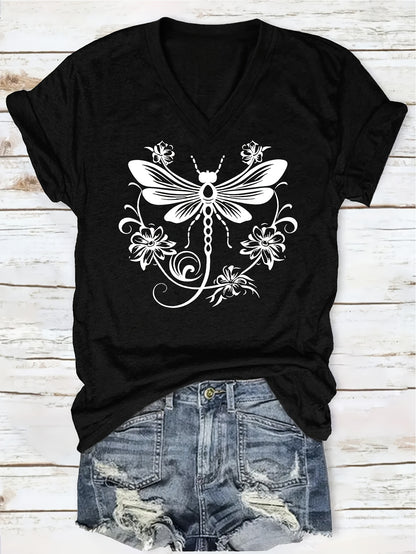 "Dragonfly" Print Pattern T-shirt, Short-sleeved V-neck Casual Top, Suitable for Summer and Spring, Women's Wear, a Great Gift for Friends and Family on Holidays