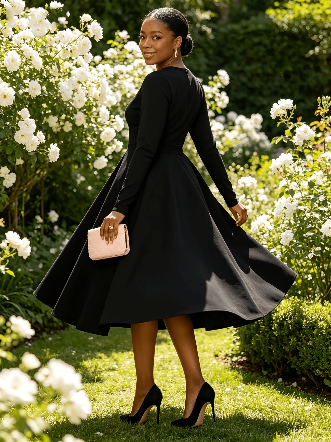 Plus Size - Plus Size Women'S Solid Color Round Neck Long Sleeve Back Pleated Flared Dress Autumn And Winter Elegant Long Dress