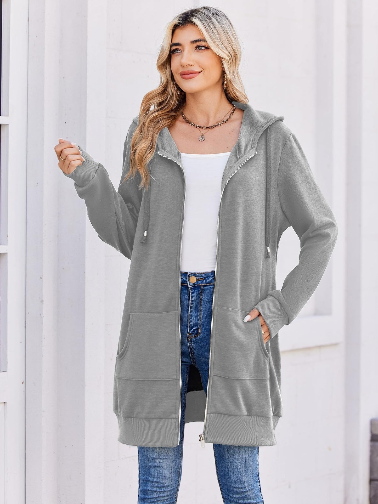 Women'S Zip Up Hoodies Long Sleeve Fall Tunic Hooded Sweatshirt Oversized Fleece Jacket with Pockets Fall Coats