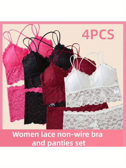 4pcs Set Sexy Comfortable Fashion Casual Lingerie for Women, No Underwire Bra Set with Panties and Camisole