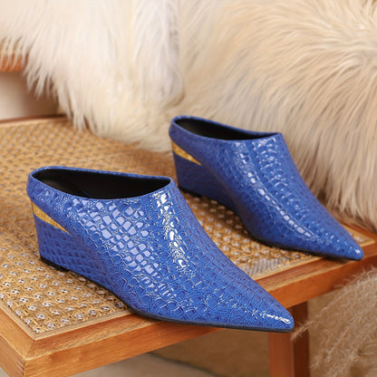 1 Pair of Wedge, Stone Pattern, Blue And Green Wedge Shoes, Large Size Easy, One Foot Pedal, Pointed Toe Deep Mouth, Four Seasons Shoes, European And American Style, Goddess Shoes, Versatile Large Size Shoes, Wedge, Women'S Shoes, Women Shoes