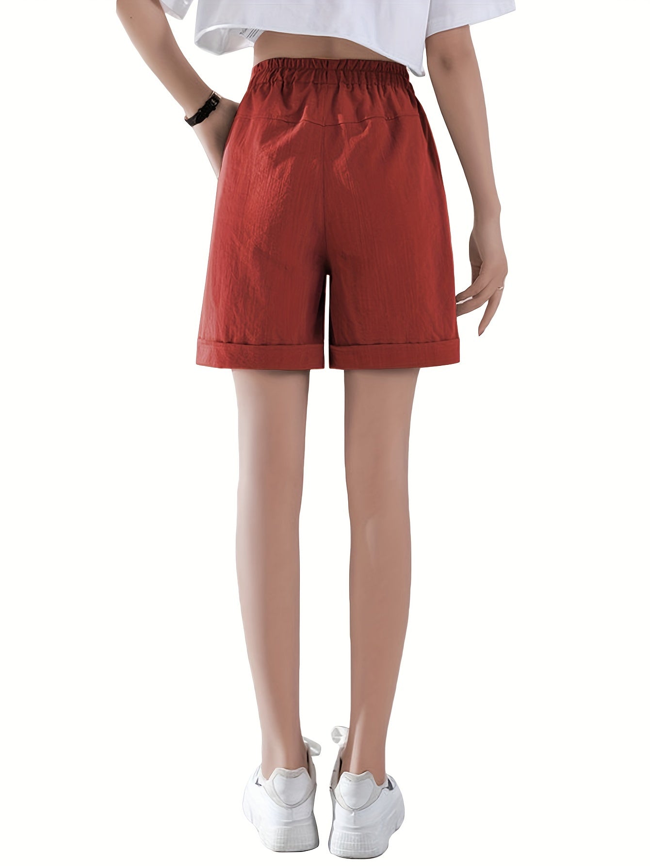 Solid Color Drawstring Comfy Shorts, Casual Rolled Hem Pocket Shorts for Spring & Summer, Women's Clothing
