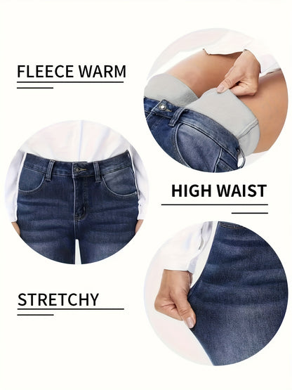 1pc Women's Thermal Insulated Fleece-Lined Skinny Jeans - High-Stretch Winter Pants with Fleece Lining, Heavy-Duty Stitching & Washed Blue Texture, Straight Leg Fit for Office, Streetwear & Weather (Hand Washable)