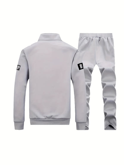 Men'S Navy Blue Tracksuit Set for Spring And Autumn - Zip-Up Jacket with 'SPORT' Print And Joggers, Made of 100%, Non-Stretch Material, Featuring Pockets
