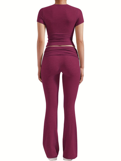 Casual Solid Color Slim Two-piece Pants Set, Short Sleeve Crew Neck T-shirt & Skinny Flared Leg Pants Outfits, Women'S Clothing