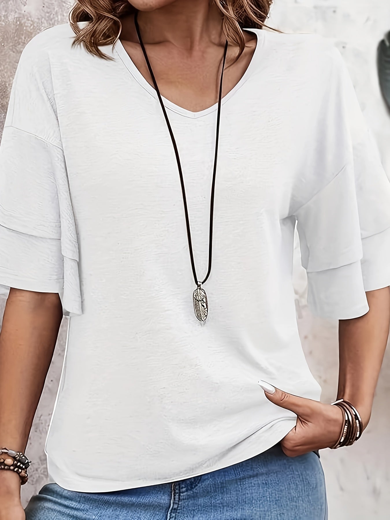 Vibrant Flare Sleeve V-Neck T-Shirt - Stylish Tiered Top with Relaxed Fit, Soft Solid Color Fabric, Perfect for Spring And Summer, Women's Casual Clothing