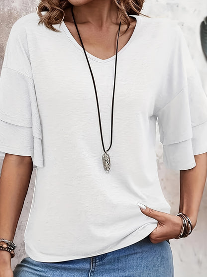 Vibrant Flare Sleeve V-Neck T-Shirt - Stylish Tiered Top with Relaxed Fit, Soft Solid Color Fabric, Perfect for Spring And Summer, Women's Casual Clothing