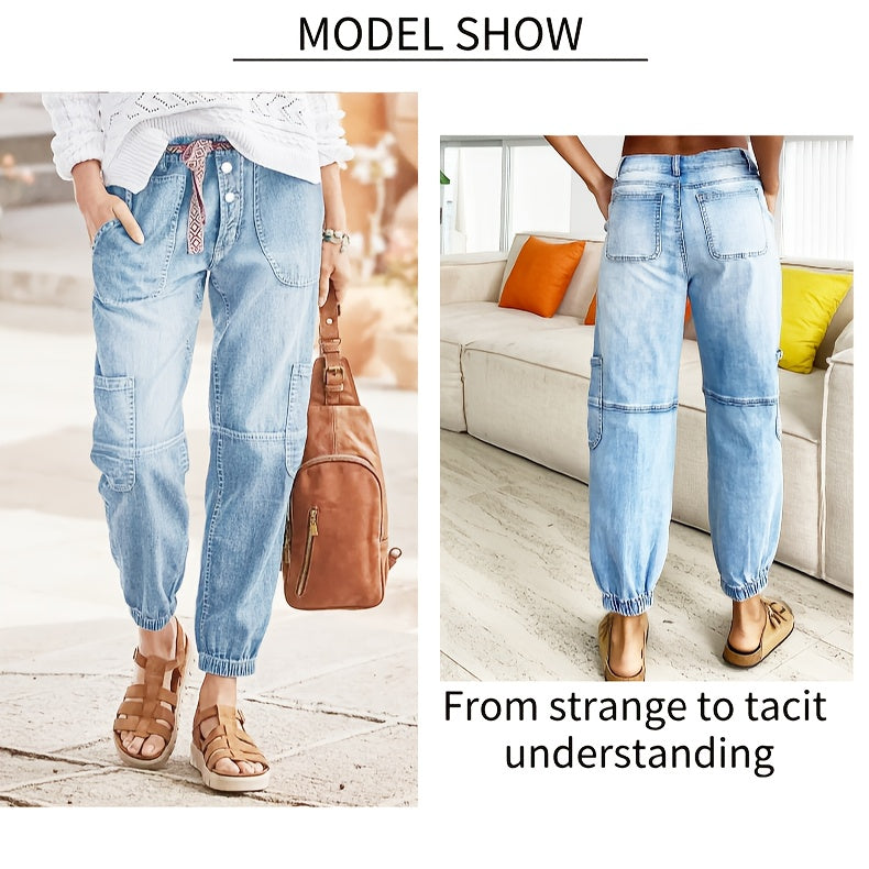 HME Women's Ankle Pants, Elastic Cargo Denim with Multiple Pockets, Heavy Wash Vintage Blue, Beltless Casual Vacation Street Style, Versatile Youthful Fashion, Autumn/Winter New Arrival