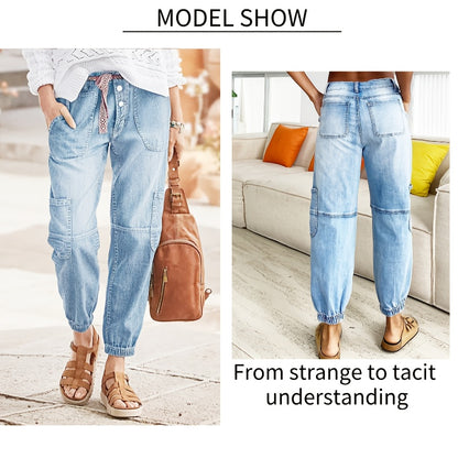 HME Women's Ankle Pants, Elastic Cargo Denim with Multiple Pockets, Heavy Wash Vintage Blue, Beltless Casual Vacation Street Style, Versatile Youthful Fashion, Autumn/Winter New Arrival