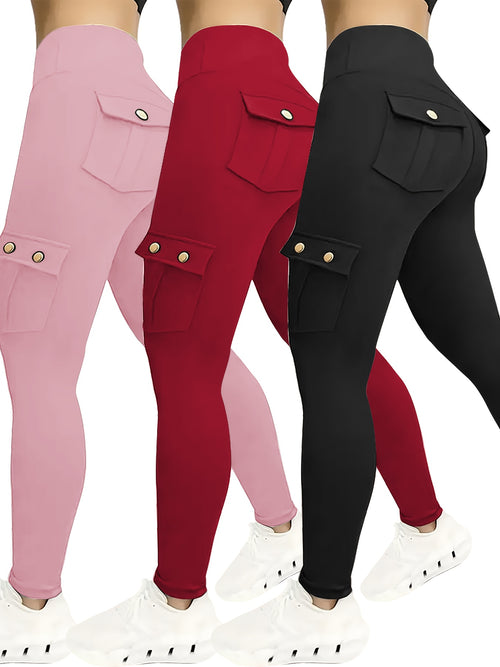 3-Pack Women'S High-Waisted Compression Leggings with Pockets, Suitable for All Seasons, Elastic Running And Sports Leggings, Button Design, Solid Colors (Black, Sky Blue, Gray, Pink, Red), Practical Flap Pockets, Comfortable Fabric