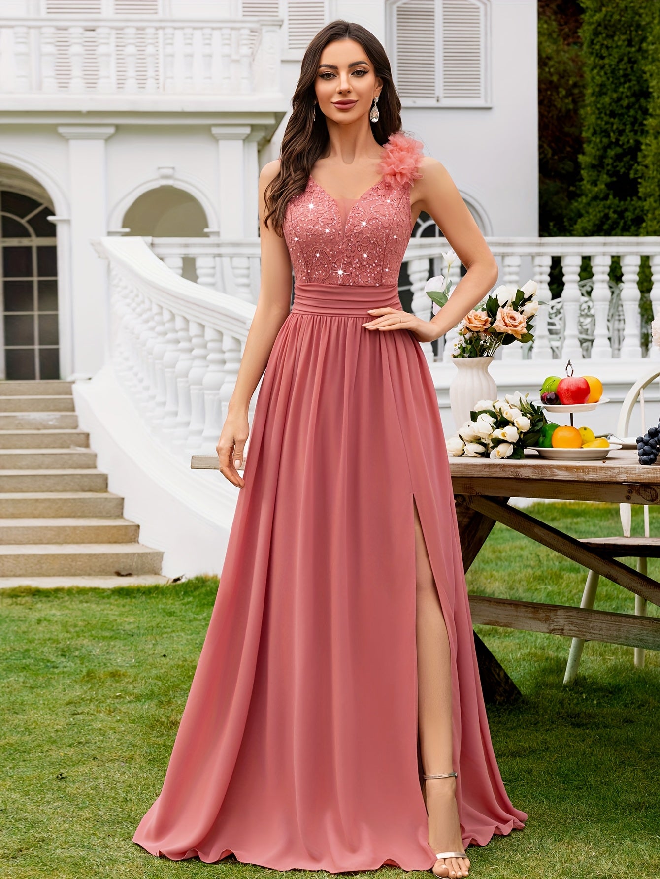 24451A Elegant Womens Mesh Deep V Neck Sequin Lace Maxi Dress, Sleeveless Applique Shoulder, Back V Neck, Ruched A Line Waist, High Thigh Slit Hem, Perfect For Formal Wedding Guest, Prom, Bridesmaid Party, Graduation Season, Wedding Season