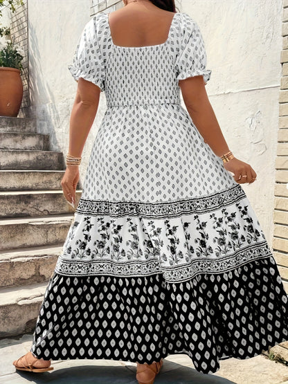 Plus Size - 1pc Spring Summer Mother'S Day Plus Size Women Elegant Bohemian Maxi Dress - Square Neck Puff Sleeve Smocked Bodice Floral Geometric Print Tiered Long Skirt Sophisticated Graceful Style For Vacation Beach Party Wear