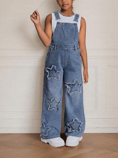 Teen Girls' Wide-Leg Denim Overalls with Star Embroidery Everyday Outfits - Machine Washable Teen Loose Fit Long Denim Machine Washable All-Season Casual Jeans for Teens Durable Fabric, for Outdoor