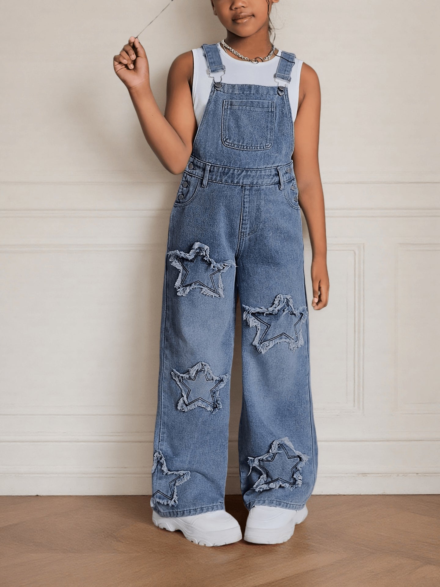 Girls' Star Embroidered Denim Overalls - Wide Leg
