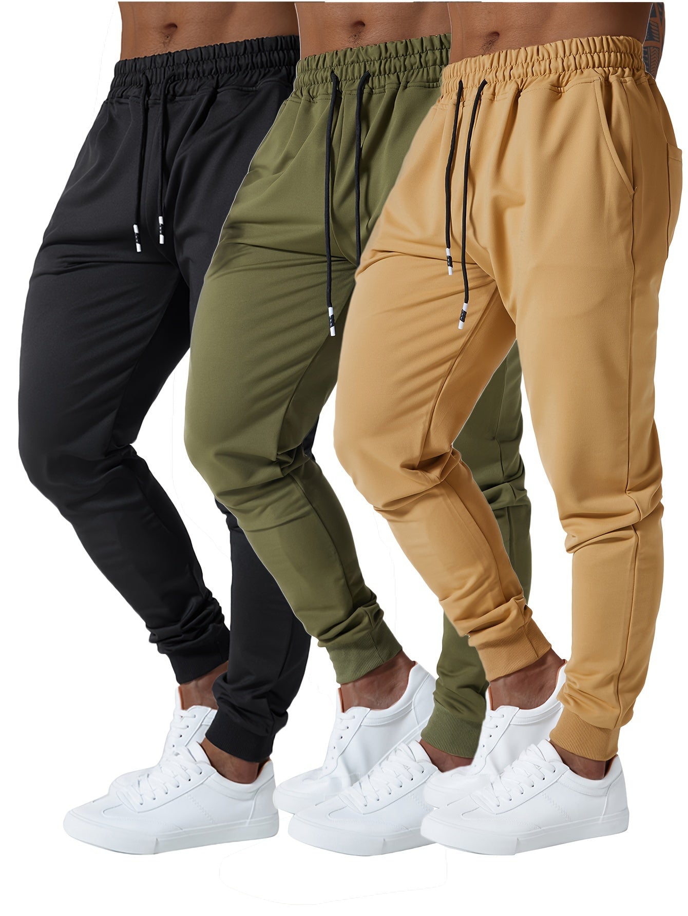 3pcs Men's Jogger Sweatpants - Ultra-Elastic Gym Pants with Deep Side Pockets, Mid-Rise Athletic Workout Bottoms, Solid Color Casual & Training Wear, Machine Washable (Regular Fit) - Bulk Pack for Running, Gym, Everyday Use - Easy Care &