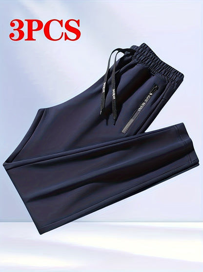Men's 3pcs Set Solid Color Loose Casual Sport Pants - Letter-printed Zipper Pockets, Elastic Drawstring Waist, All-season Fitness And Daily Jogging Pants, Machine-washable Black/navy Blue/gray - Mens Sweatpants for Summer 3pcs with Pockets