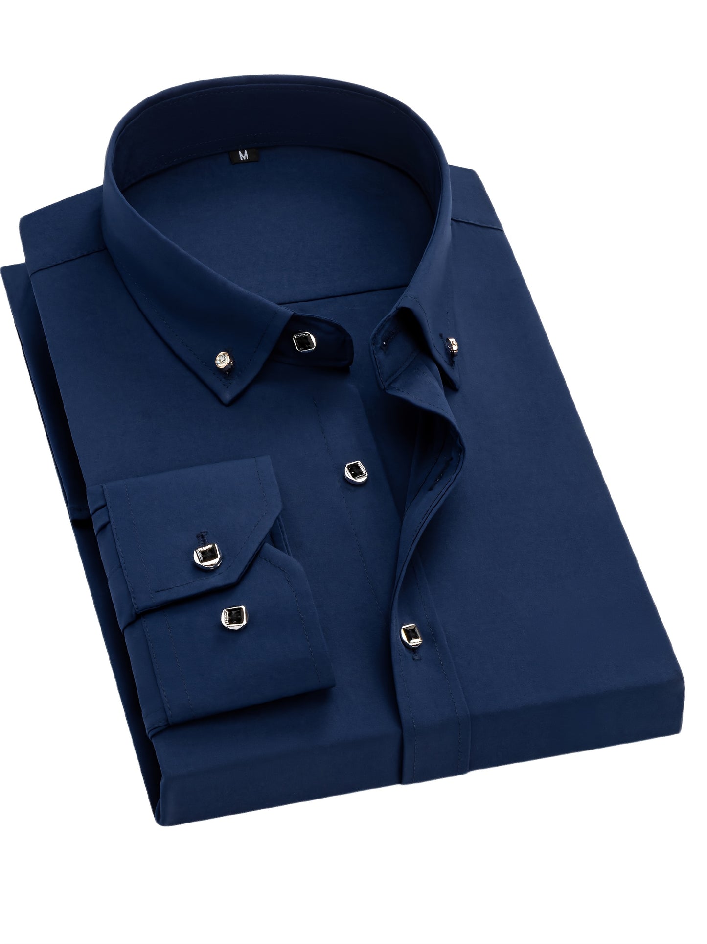 Father'S Day Gift Choice, Men'S Long Sleeve Button Shirt, Crystal Button Design, Solid Color Plain Formal Business Attire, Great As Gift for Party, Wedding, Date Dress Shirt