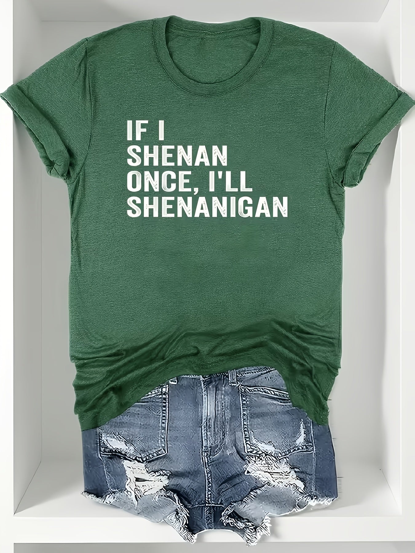 Ladies' Casual Summer T-Shirt - Women'S Knotted Hem Design with Graphic Print 'If I Shenan Once, I'll Shenanigan', Round Neck, Comfortable Fit for Everyday Wear and Sports, Fashion Street Style Tee