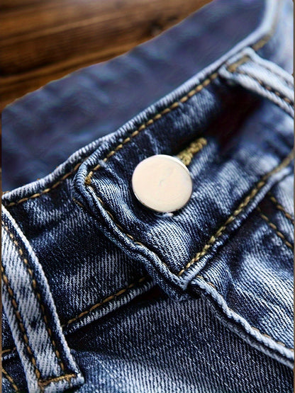 Jeans, Washed, Distressed, Straight Leg, Durable Fabric, Men's Street Style Shorts, Ripped And Stretchy Men's Mid- Length Shorts Summer, Tight- Fitting And Worn- Out Men's Pants