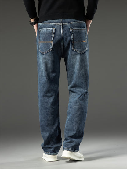 Men's Warm Fleece Stretch Jeans, Loose Casual Fleece Jeans, Straight Mid-waist Fashionable Versatile Jeans, Suitable For Daily, Business, Outdoor