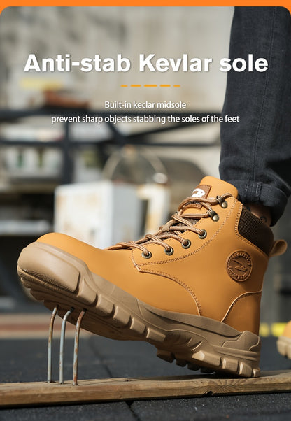 Men's Solid Color Classic High Top Plain Toe Steel Toe & Puncture Proof Safety Boots, Comfy Non Slip Durable Lace Up Work Shoes, Men's Constructional & Industrial Footwear