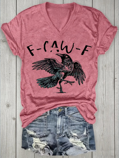 1pc Women'S V-Neck Short Sleeve Raven Graphic Print All-Season Casual Wear Fashionable Style Everyday Versatile Ladies Top with Local Warehouse Shipping