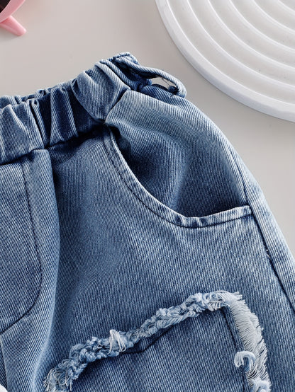 Young Girls 2PCS Summer And Autumn Outfit – Sleeveless White Tank Top & Heart Fringe Patch Washed Denim Pants Set, Cute Casual Clothes, Girl clothes 7 8 years, y2k kids clothes
