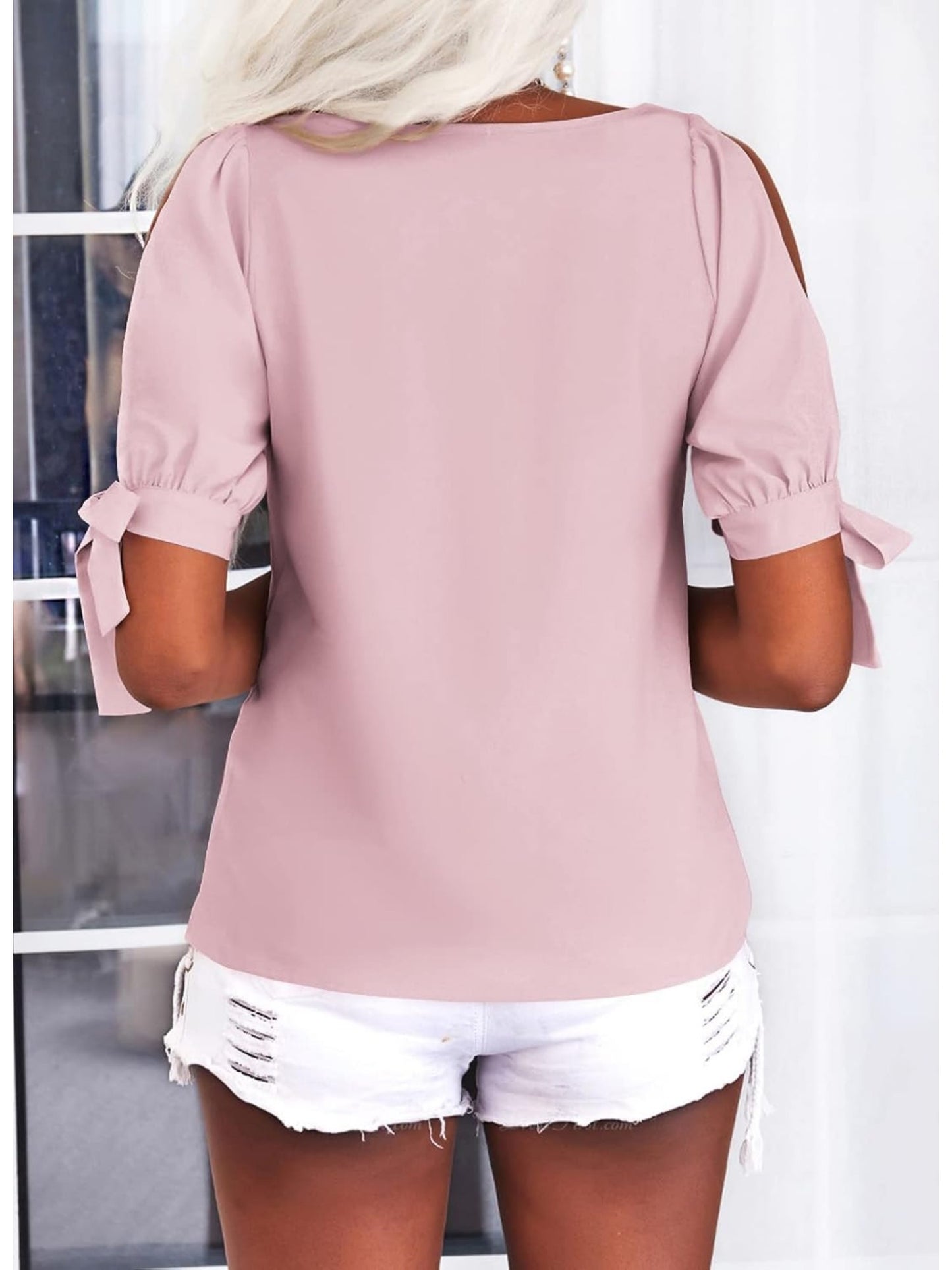 Women's Cold Shoulder Tops Short Sleeve V-Neck Casual Loose Cutout Summer Fashion Tshirts Blouse Shirts