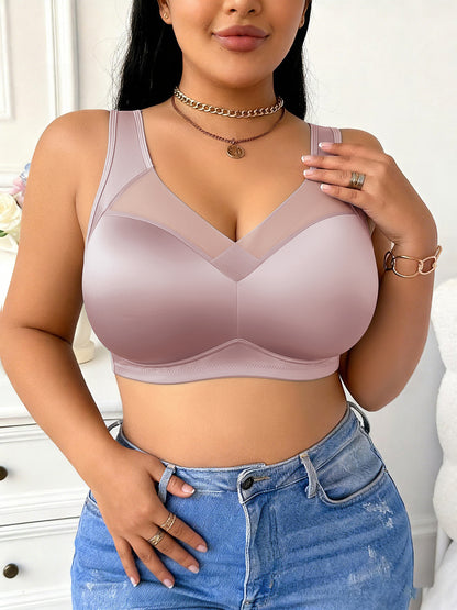 Wire-Free Plus Size Bra for Women - Mesh Design, Glossy Satin Seamless Underwear, Comfortable Breathable Soft Support, Non-Adjustable Straps with Non-Removable Padding, Nylon Smooth Plus Size Bra, Perfect for Everyday Casual Wear