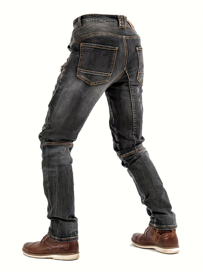 Men's Vintage Washed Motorcycle Pants - Slim Fit Stretch Denim with Elastic Panels, Mid-Stretch Comfort & Zipper Closure, Machine Washable All-Season Casual Riding Jeans