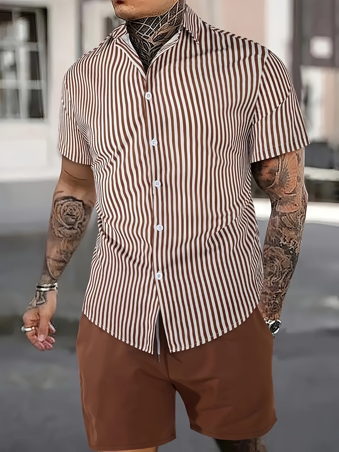 2pcs Men'S Casual Summer Outfit Set, Striped Short Sleeve Button Up Lapel Shirt Top & Solid Drawstring Shorts With Pockets For Casual Daily Wear And Holiday Resorts
