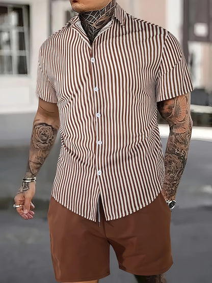 2pcs Men'S Casual Summer Outfit Set, Striped Short Sleeve Button Up Lapel Shirt Top & Solid Drawstring Shorts With Pockets For Casual Daily Wear And Holiday Resorts