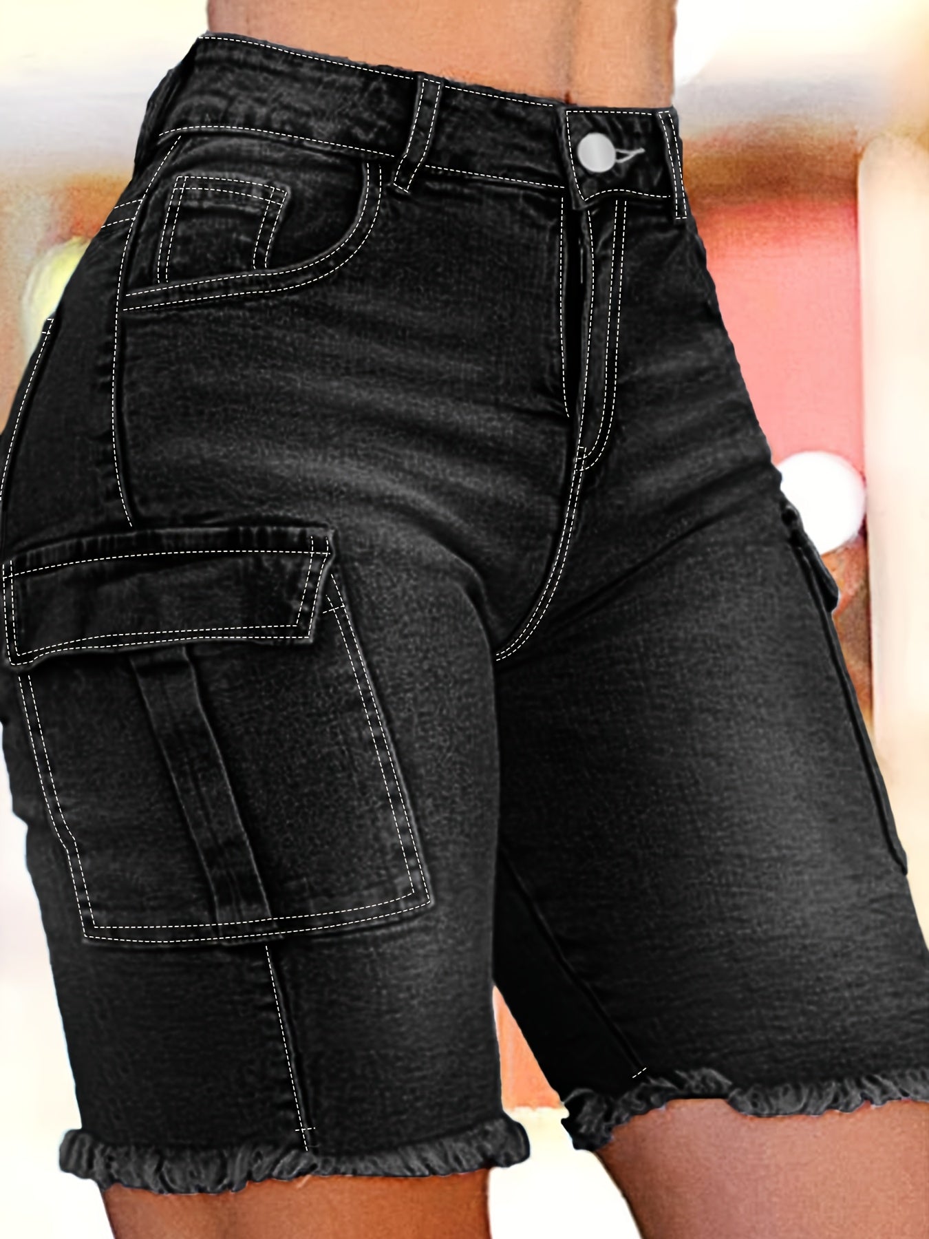 Plus Size Women's Black Denim Knee Length Shorts, High Waist Stretch Slim Fit, Side Flap Pockets, Frayed Hem, Casual Daily Wear, Machine Washable, Spring Summer Wear