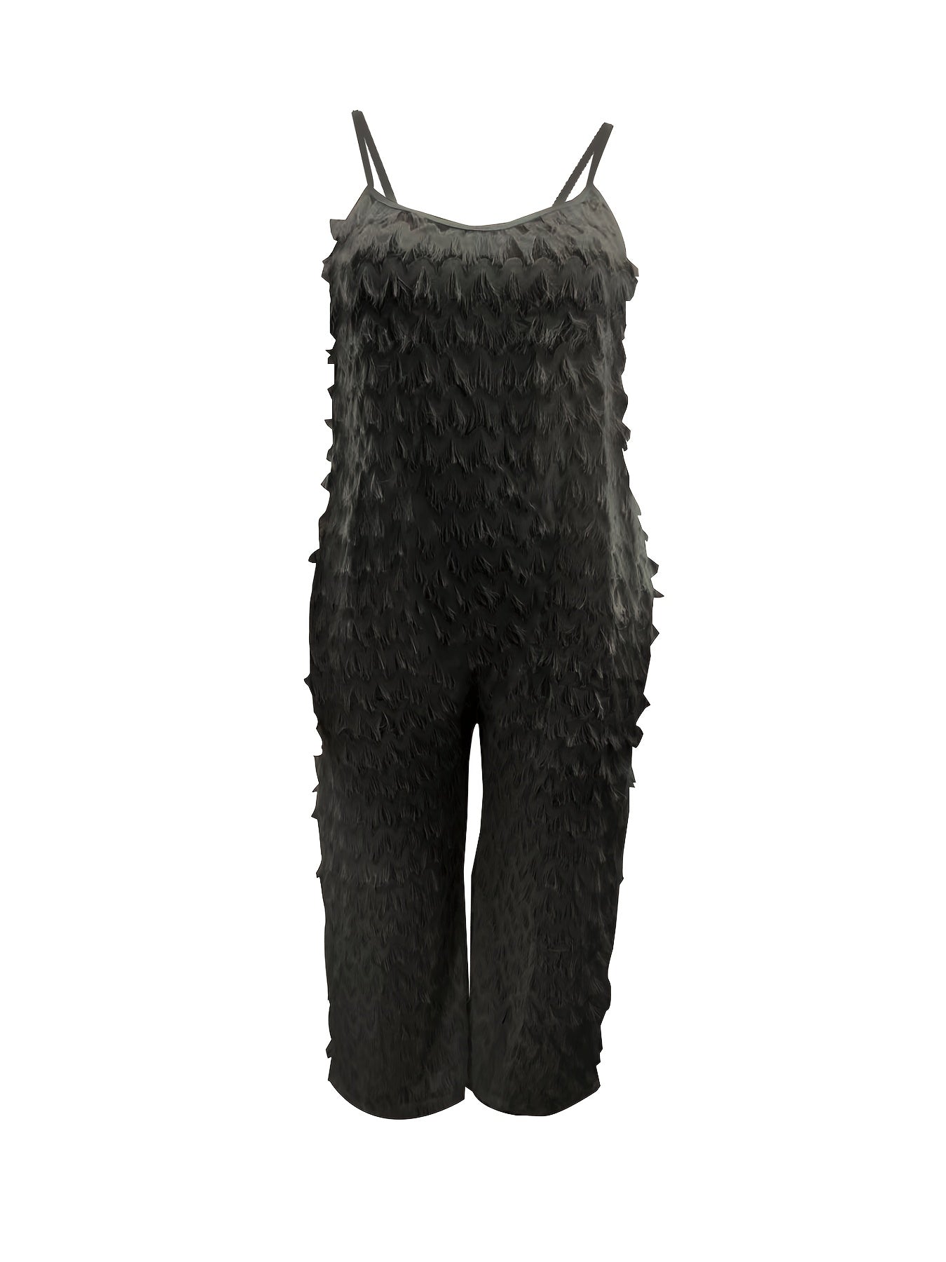 Plus Size, Plus Size Elegant Black Jumpsuit for Women - Chic Sleeveless V-Neck with Tassel Detail, Loose Fit, Polyester & Elastane Blend, Machine Washable - Perfect for All Seasons, Plus Size Jumpsuit