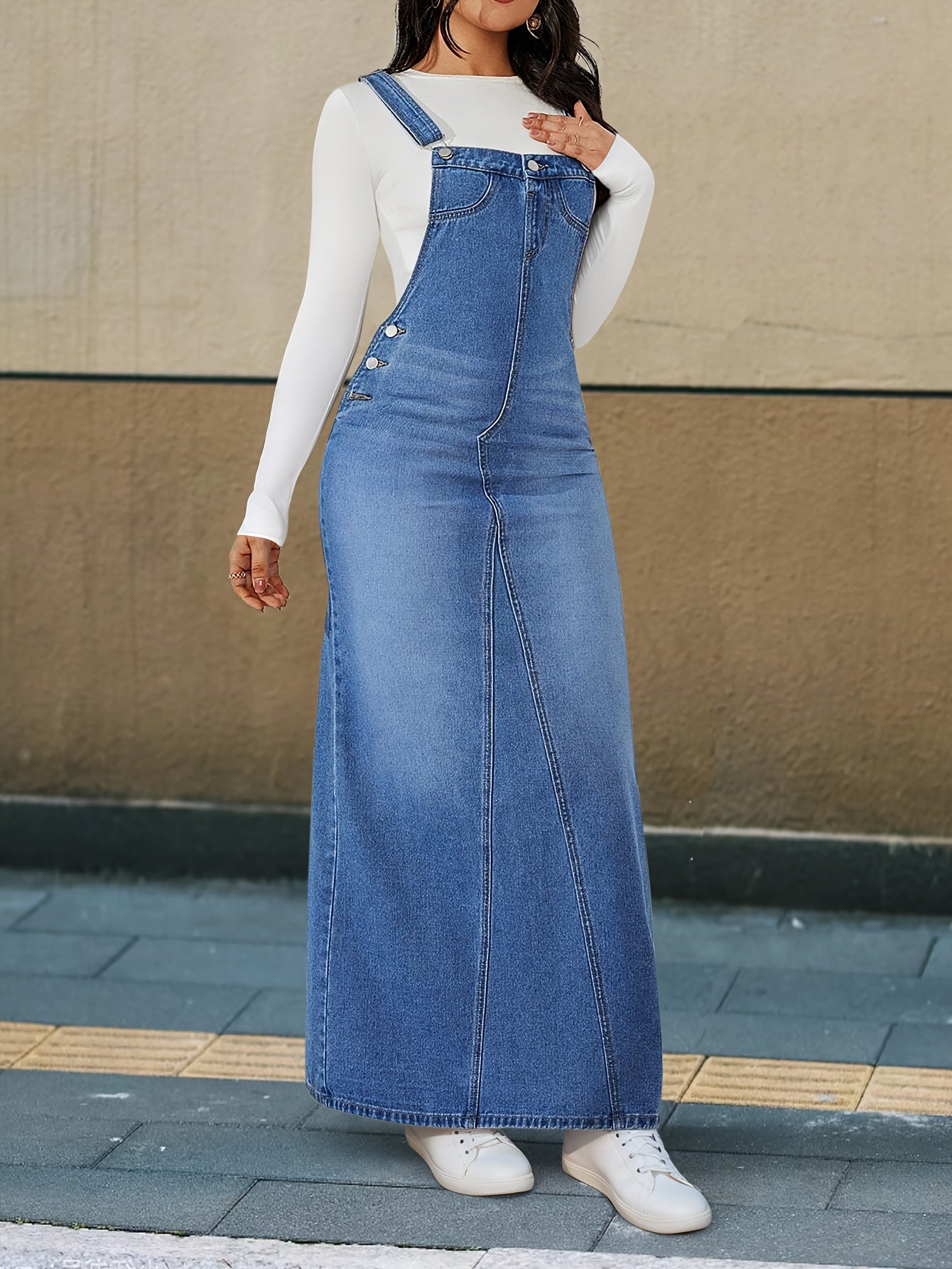 [Durable Denim Dress] Durable Denim Dress - Women's Non-Stretch Loose Fit Long Skirt with Detachable Strap, Multiple Buttons for Easy Closure, Everyday to Formal Outfits - Casual Chic Outwear, Versatile Outfit Option
