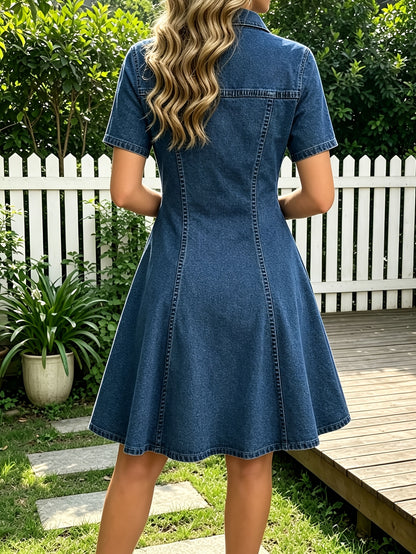 [Machine Washable Skirt Dress] Women's A-Line Denim Skirt Dress with Retro Polo Collar & Short Sleeves - Pocket -Free Short Length Suitable for Daily Wear, Date Nights, Shopping Outfits, Machine Washable Figure-Hugging Skirt Dress