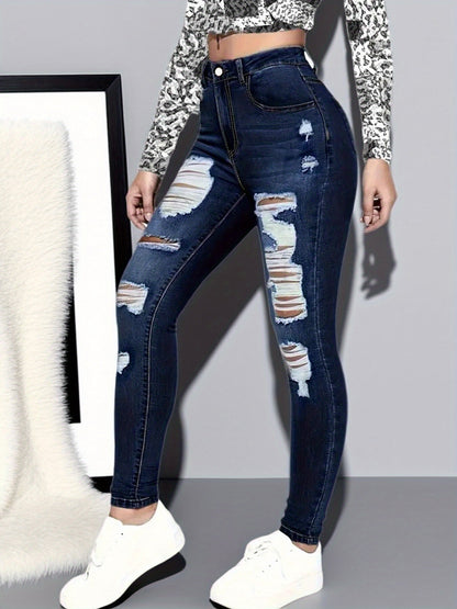 Ladies High Rise Distressed Skinny Jeans, Dark Blue Stretch Denim, Ripped Frayed, Casual Streetwear Night
