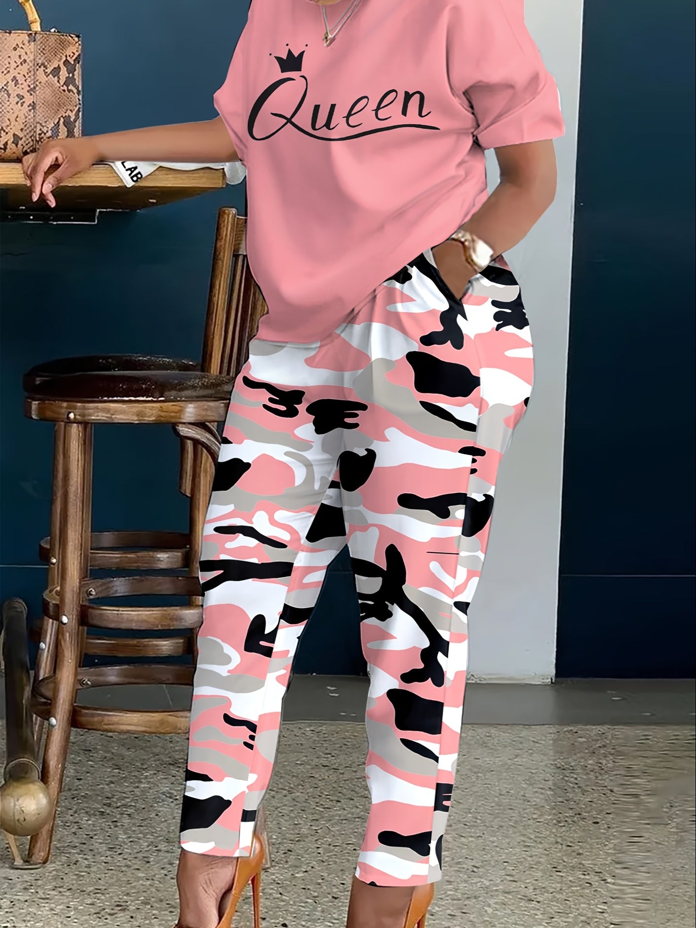 Plus Size - LADIES' Plus Size Daily Fashion Casual Set: Letter Print Crew Neck Short Sleeve T-shirt + Camouflage Long Pants With Pockets