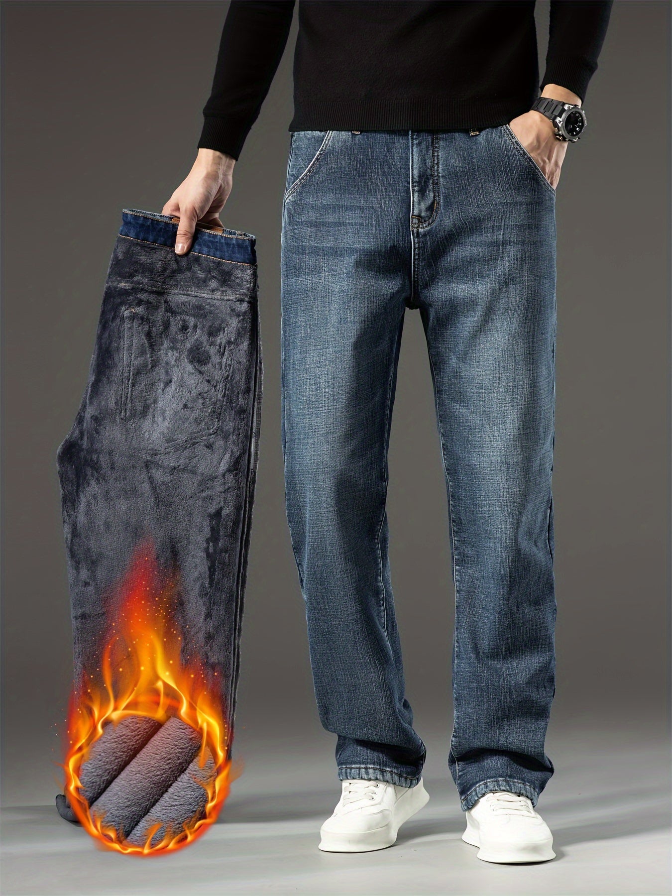 Men's Warm Fleece Stretch Jeans, Loose Casual Fleece Jeans, Straight Mid-waist Fashionable Versatile Jeans, Suitable For Daily, Business, Outdoor