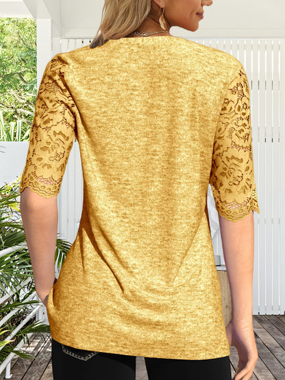 Women's Summer Pleated Button Short Sleeve T-shirt Summer V-neck Solid Color Casual Top