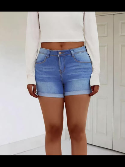 Classic Women'S Denim Shorts in a Vintage Mid-Blue Shade, Featuring Rolled Hems And an Exceptionally Comfortable Fit - a Casual Summer Fashion Trend