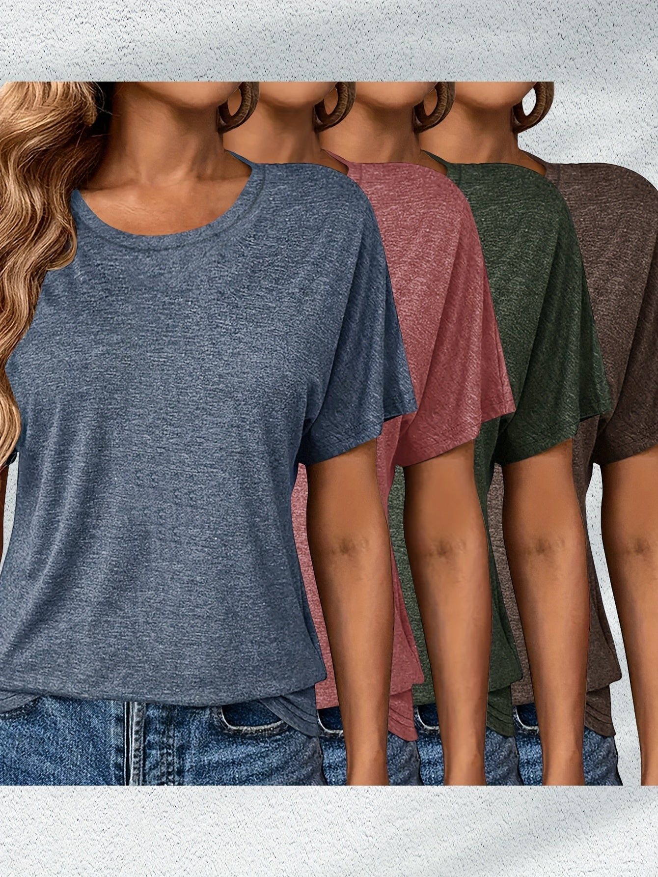 4pcs Women's Casual Rayon Short Sleeve T-Shirts- Pink, Olive Green, Dark Gray, and Brown Solid Color Crew Neck Tops, Machine Washable Four Seasons Comfortable Version, Women's T-Shirts