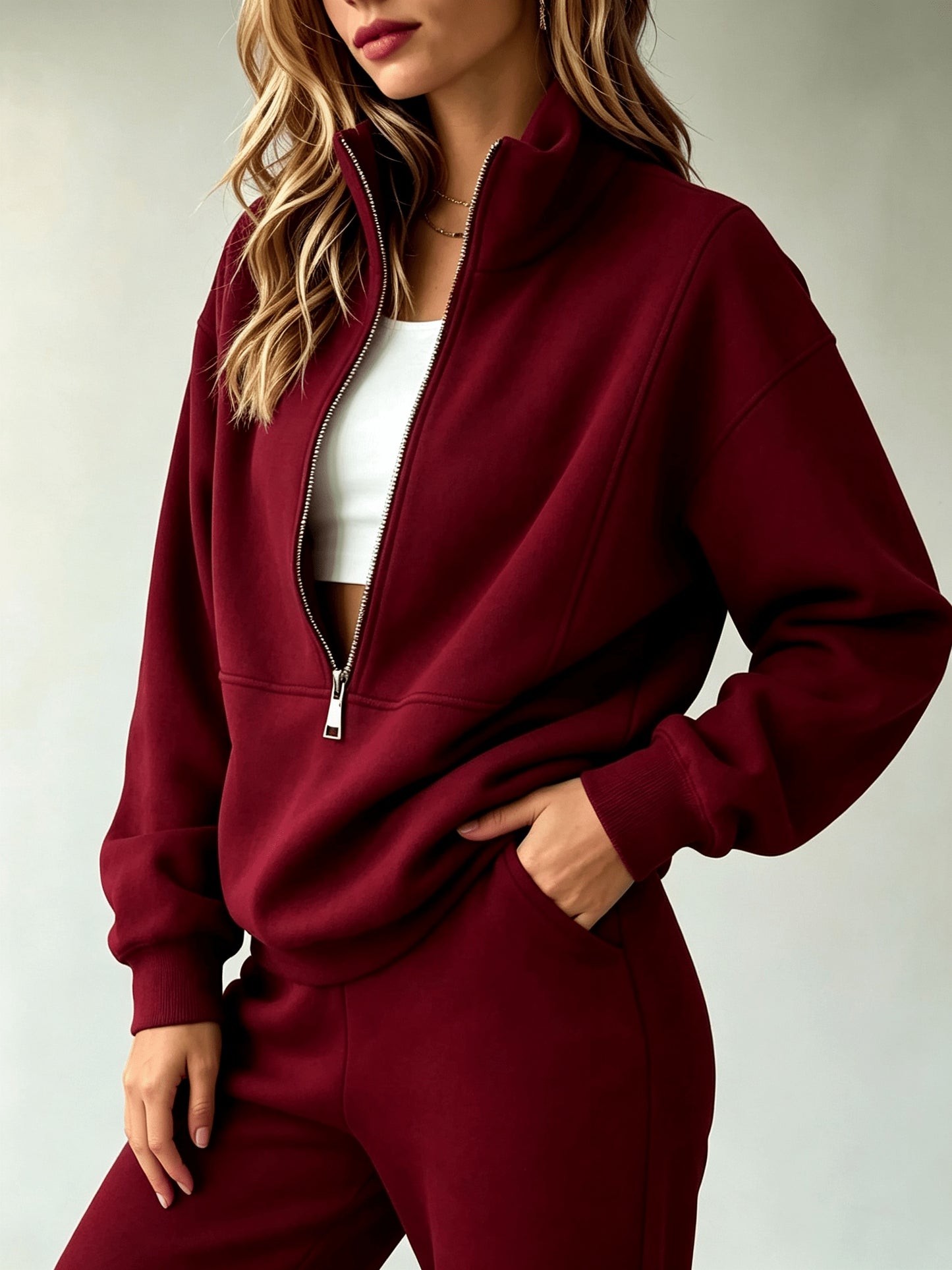 Women'S Matching Outfit, Cozy Fleece Top, Trendy Casual Sportswear for Ladies
