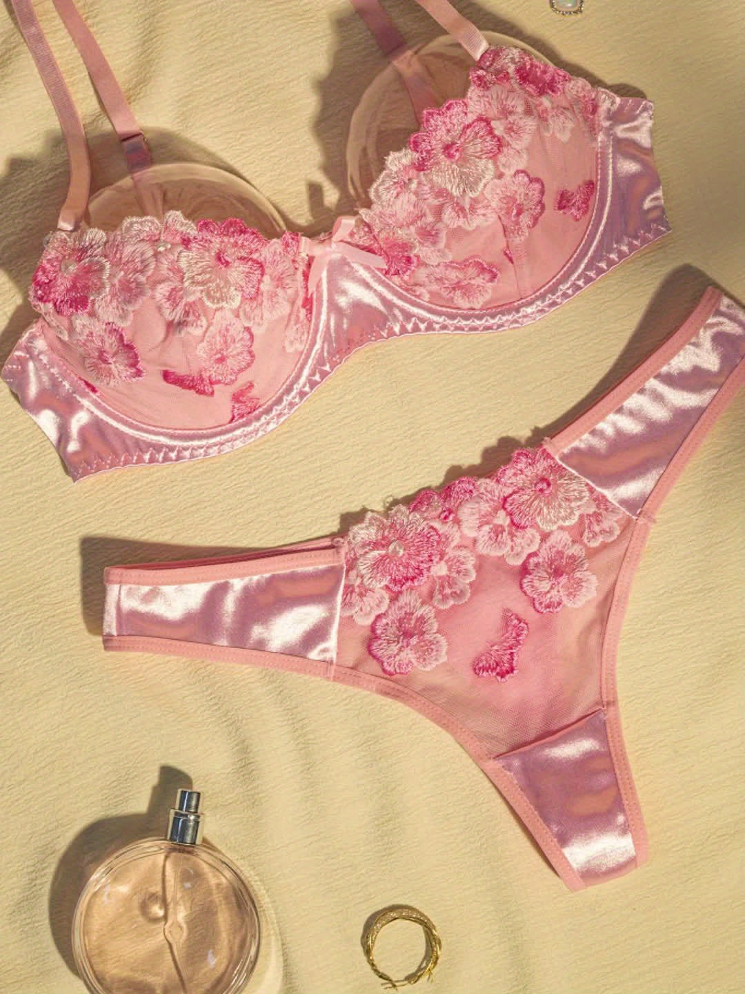 Valentine's Day Elegant Pink Floral Embroidered Lingerie Set for Women - Comfortable Push-Up Bra & Low-Rise Briefs, Perfect for Casual Attire