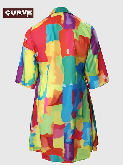 [Fashion Vacation Dresses] Plus Size Women's Fashion Vacation Casual Style Multi-colour Printed Long Sleeve Lapel Dresses | Spring, Summer And Autumn Fatty Size