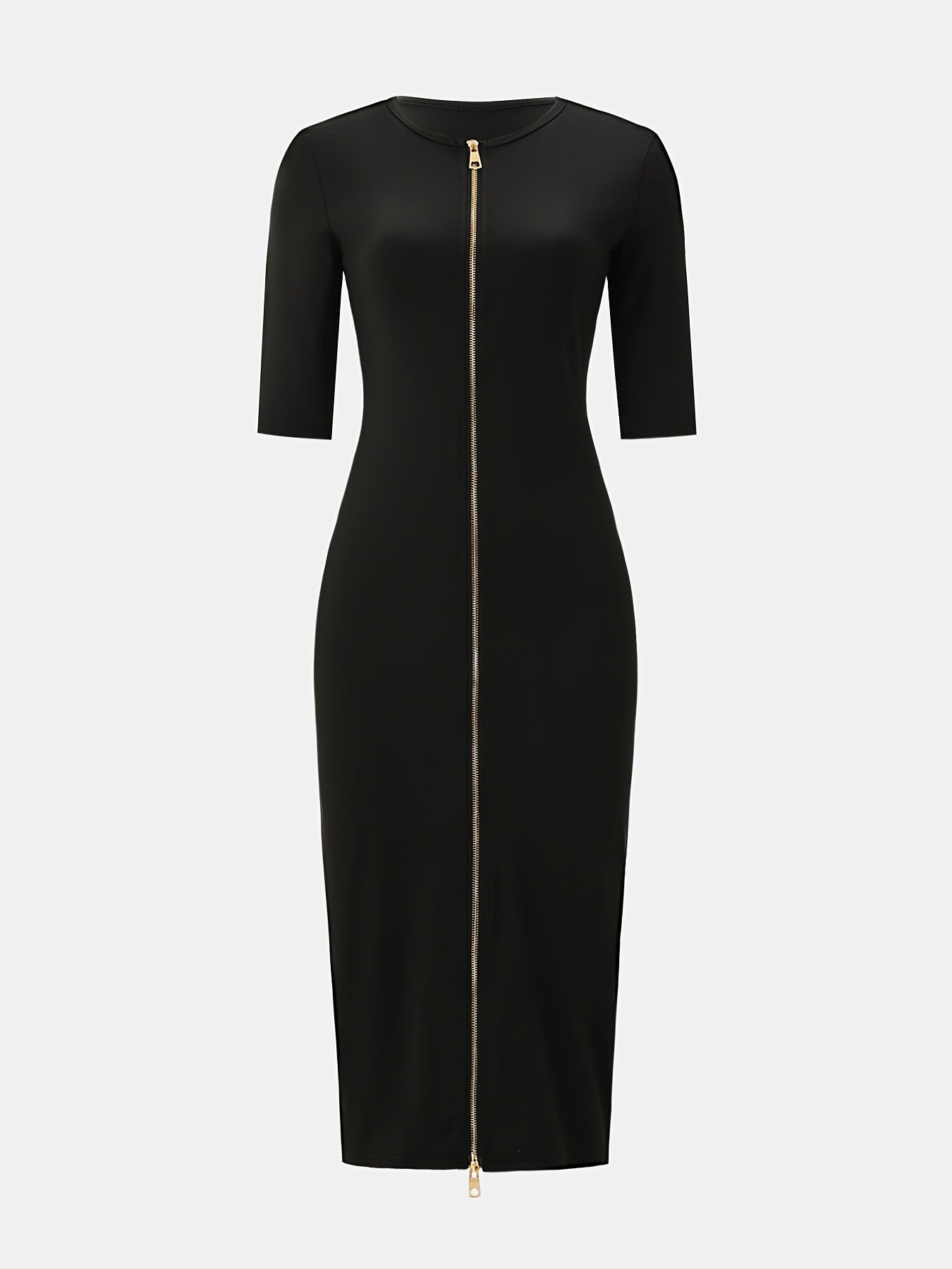 Elegant and Simple, Slim-fit Cut, Zipper Design, Boat Neckline, Mid-length Short-sleeve Dress, Cardigan Dress, Suitable for Fashionable Women, Short-sleeve Dress for Spring, Summer, and Autumn