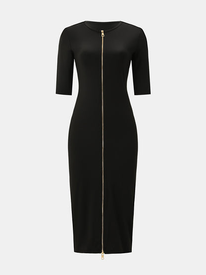 Elegant and Simple, Slim-fit Cut, Zipper Design, Boat Neckline, Mid-length Short-sleeve Dress, Cardigan Dress, Suitable for Fashionable Women, Short-sleeve Dress for Spring, Summer, and Autumn
